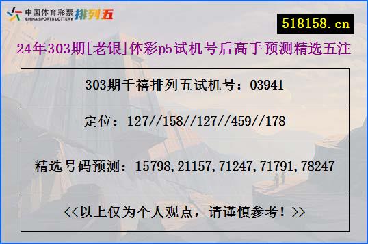 24年303期[老银]体彩p5试机号后高手预测精选五注