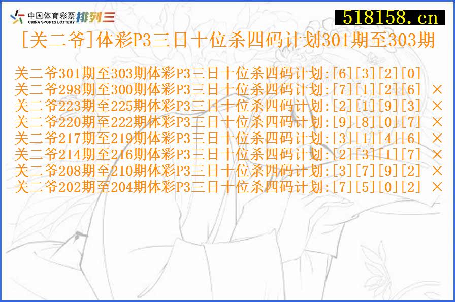 [关二爷]体彩P3三日十位杀四码计划301期至303期