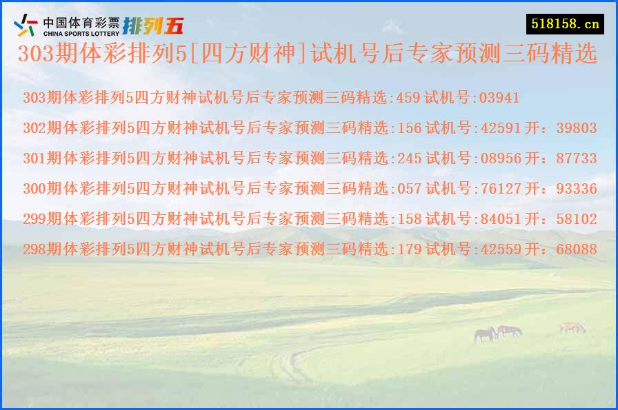 303期体彩排列5[四方财神]试机号后专家预测三码精选