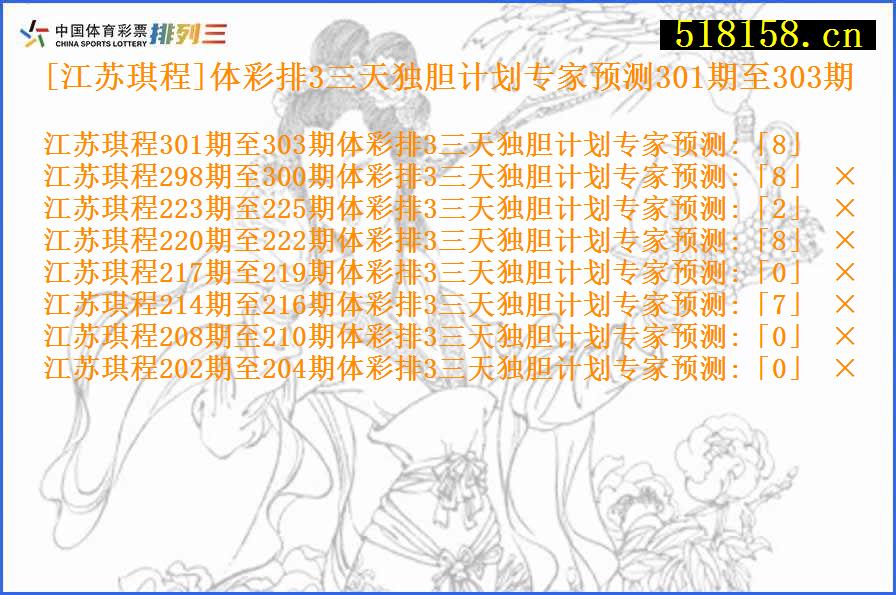 [江苏琪程]体彩排3三天独胆计划专家预测301期至303期