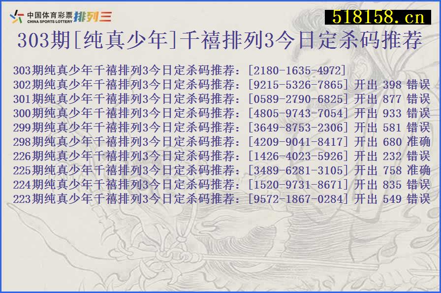 303期[纯真少年]千禧排列3今日定杀码推荐