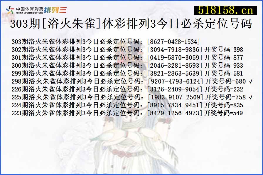 303期[浴火朱雀]体彩排列3今日必杀定位号码