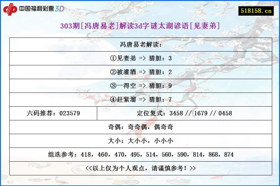 303期[冯唐易老]解读3d字谜太湖谚语[见妻弟]