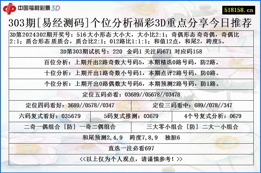 303期[易经测码]个位分析福彩3D重点分享今日推荐