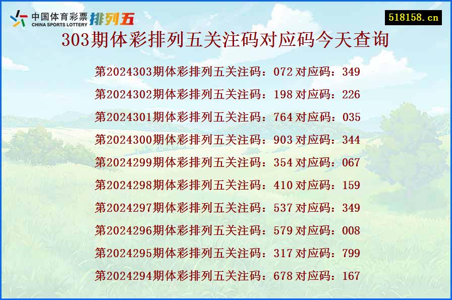 303期体彩排列五关注码对应码今天查询