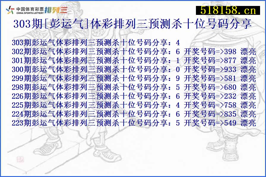 303期[彭运气]体彩排列三预测杀十位号码分享