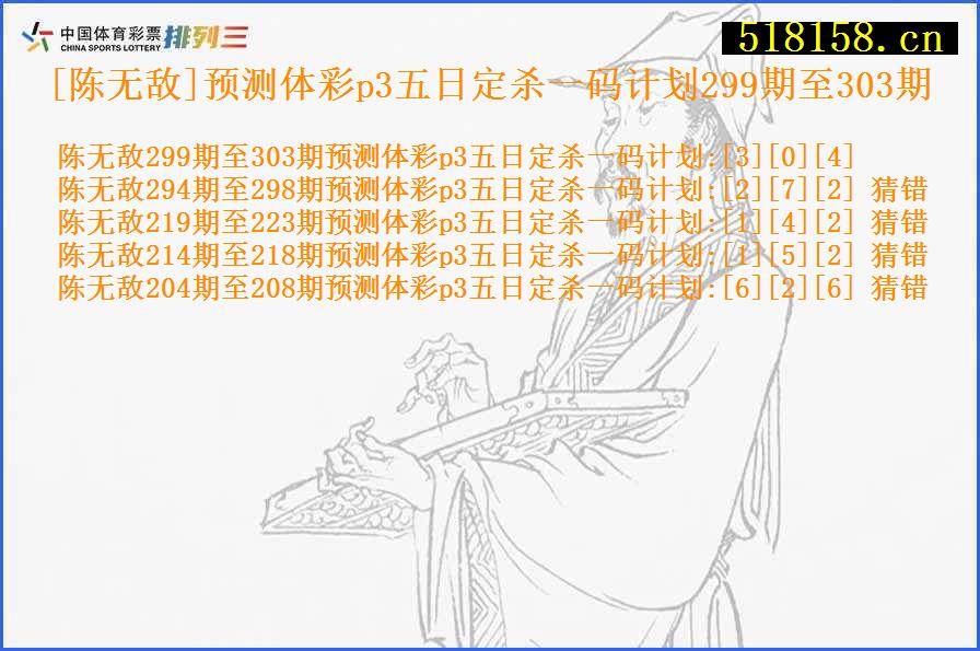 [陈无敌]预测体彩p3五日定杀一码计划299期至303期