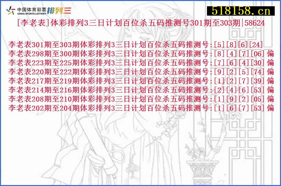 [李老表]体彩排列3三日计划百位杀五码推测号301期至303期|58624