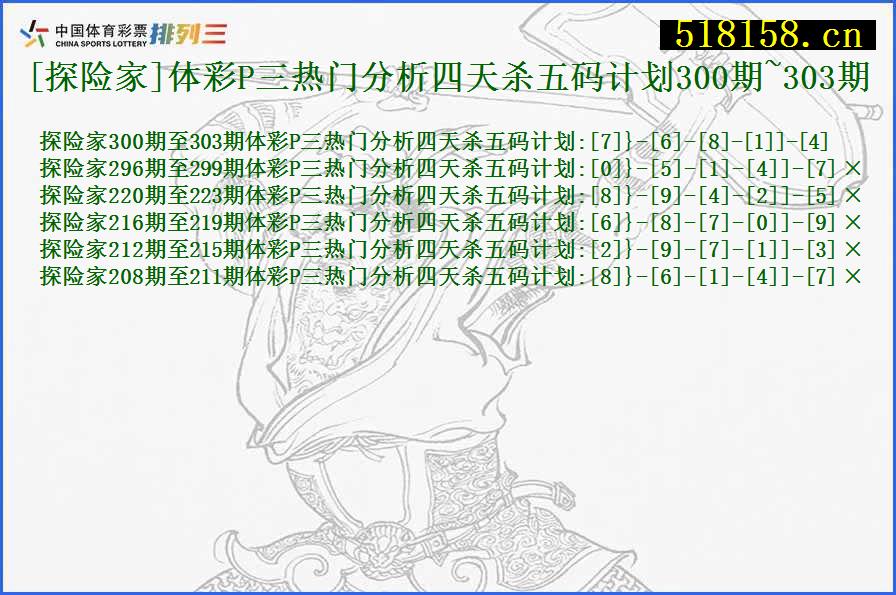 [探险家]体彩P三热门分析四天杀五码计划300期~303期