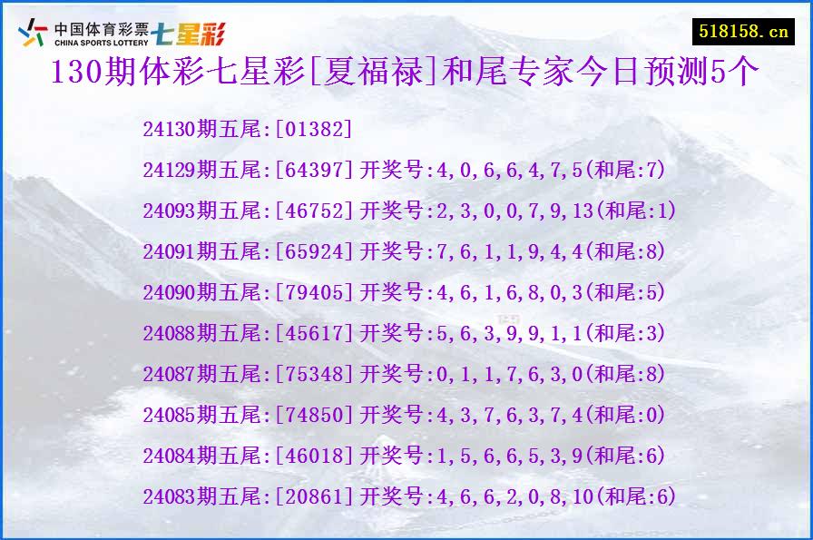 130期体彩七星彩[夏福禄]和尾专家今日预测5个