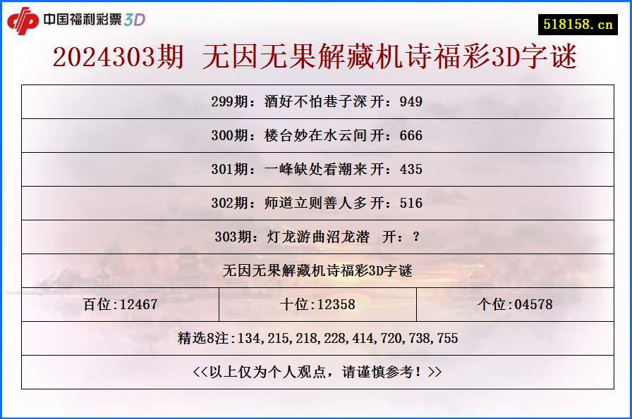 2024303期 无因无果解藏机诗福彩3D字谜