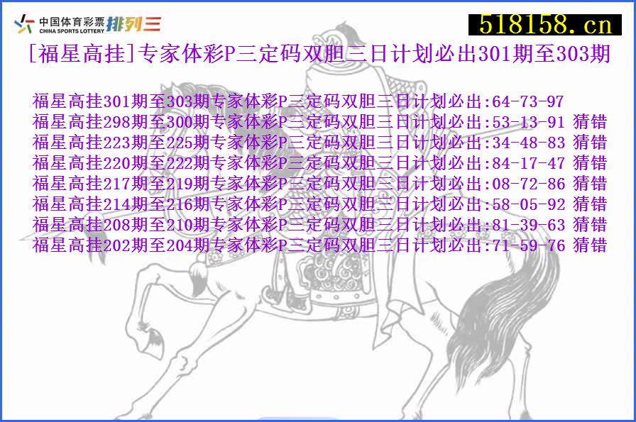 [福星高挂]专家体彩P三定码双胆三日计划必出301期至303期