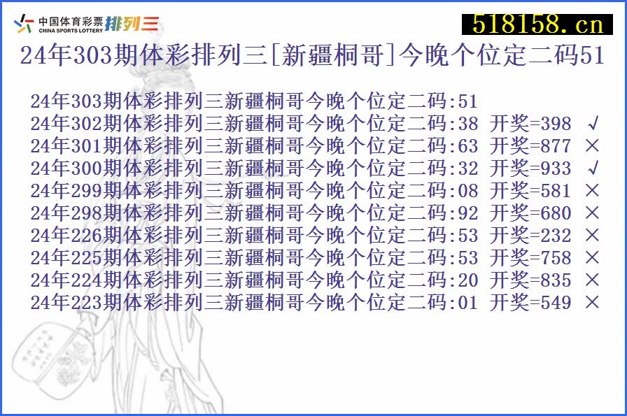 24年303期体彩排列三[新疆桐哥]今晚个位定二码51