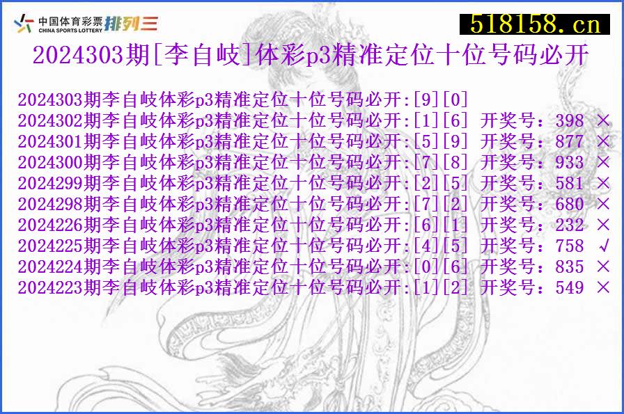 2024303期[李自岐]体彩p3精准定位十位号码必开