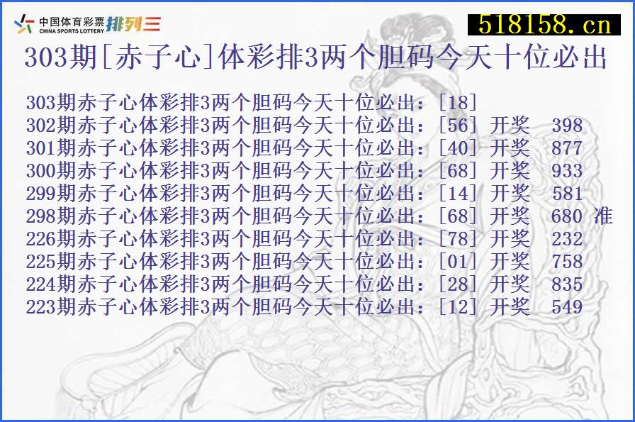 303期[赤子心]体彩排3两个胆码今天十位必出