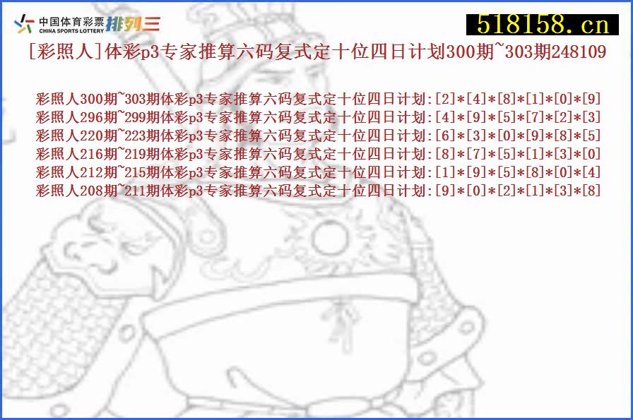 [彩照人]体彩p3专家推算六码复式定十位四日计划300期~303期248109