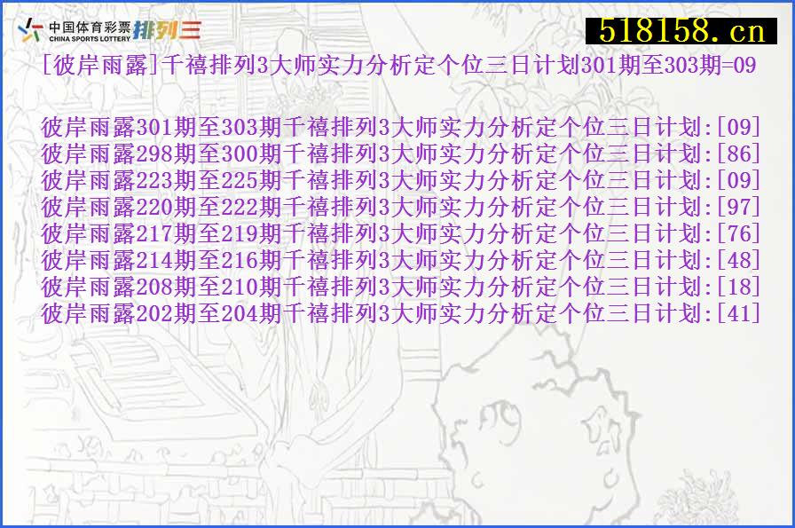 [彼岸雨露]千禧排列3大师实力分析定个位三日计划301期至303期=09