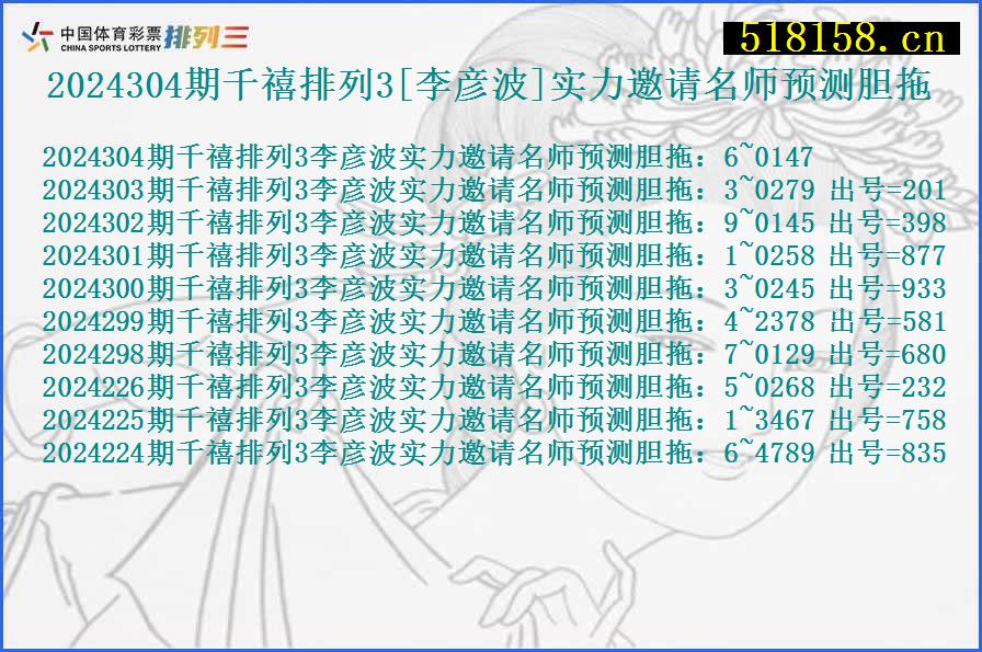 2024304期千禧排列3[李彦波]实力邀请名师预测胆拖