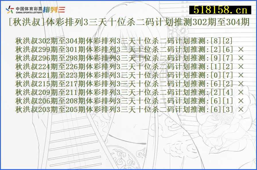 [秋洪叔]体彩排列3三天十位杀二码计划推测302期至304期