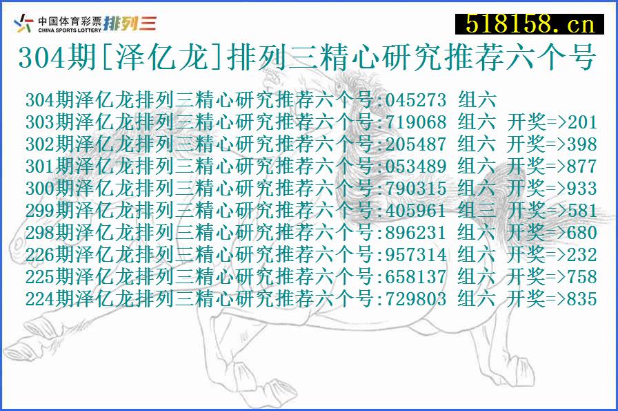 304期[泽亿龙]排列三精心研究推荐六个号