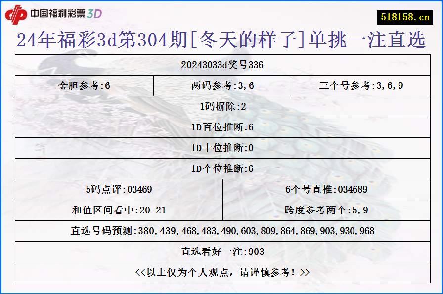 24年福彩3d第304期[冬天的样子]单挑一注直选