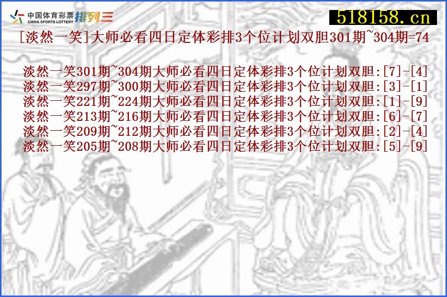 [淡然一笑]大师必看四日定体彩排3个位计划双胆301期~304期=74