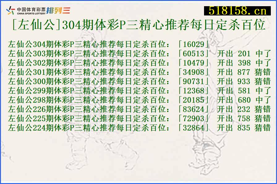 [左仙公]304期体彩P三精心推荐每日定杀百位