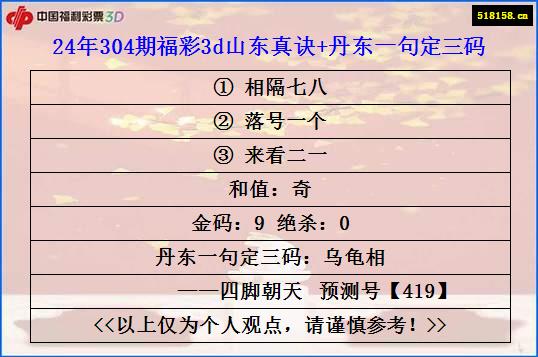 24年304期福彩3d山东真诀+丹东一句定三码