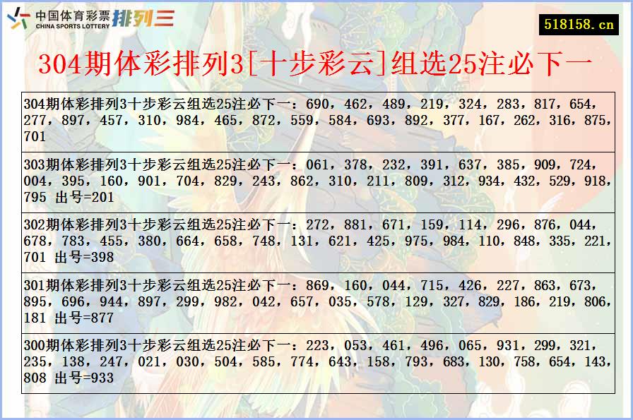 304期体彩排列3[十步彩云]组选25注必下一