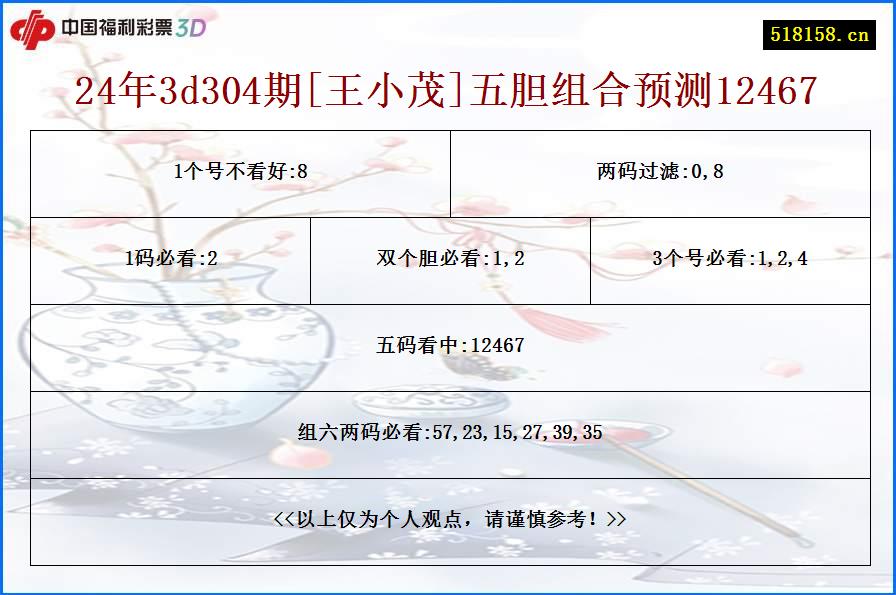 24年3d304期[王小茂]五胆组合预测12467