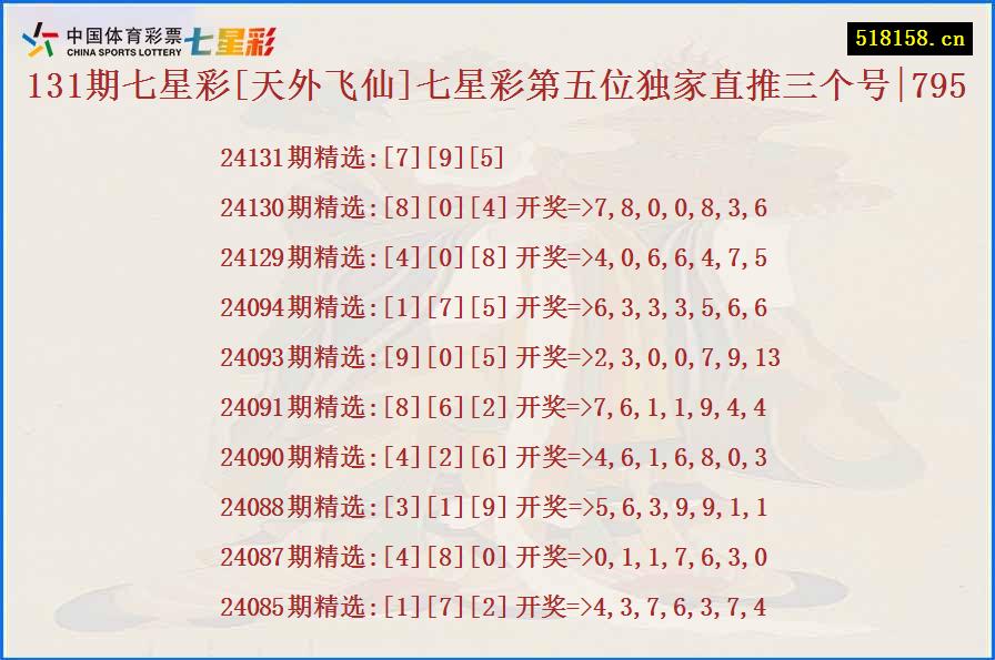 131期七星彩[天外飞仙]七星彩第五位独家直推三个号|795