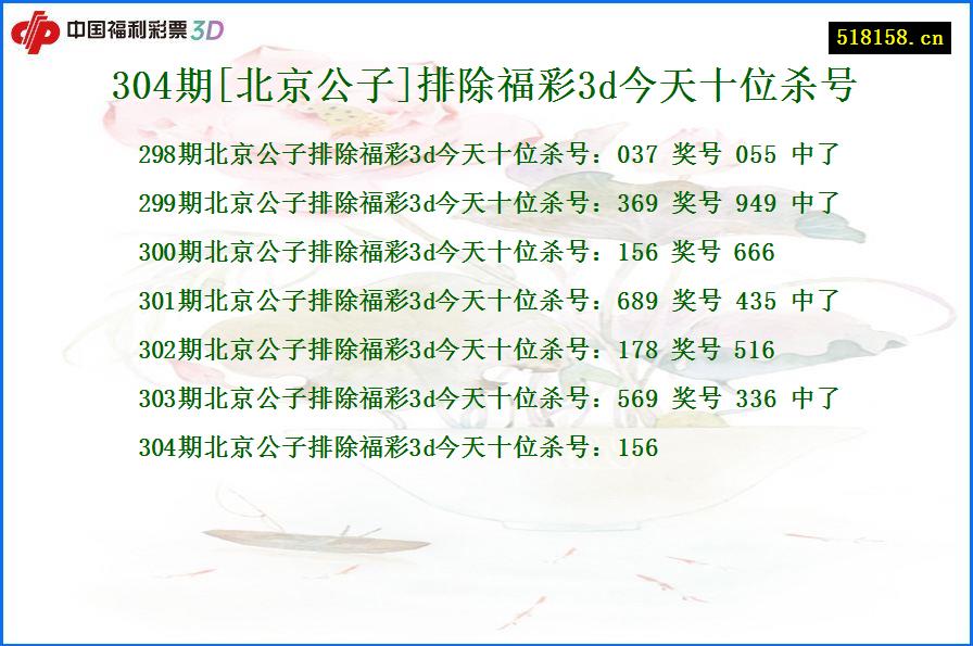 304期[北京公子]排除福彩3d今天十位杀号