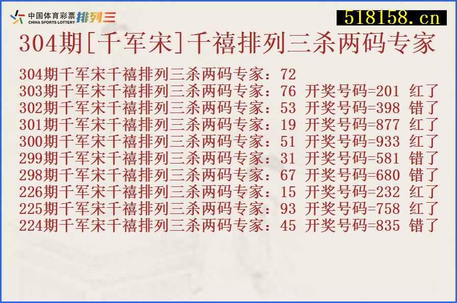 304期[千军宋]千禧排列三杀两码专家