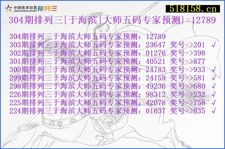 304期排列三[于海滨]大师五码专家预测}=12789