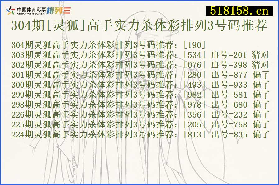 304期[灵狐]高手实力杀体彩排列3号码推荐