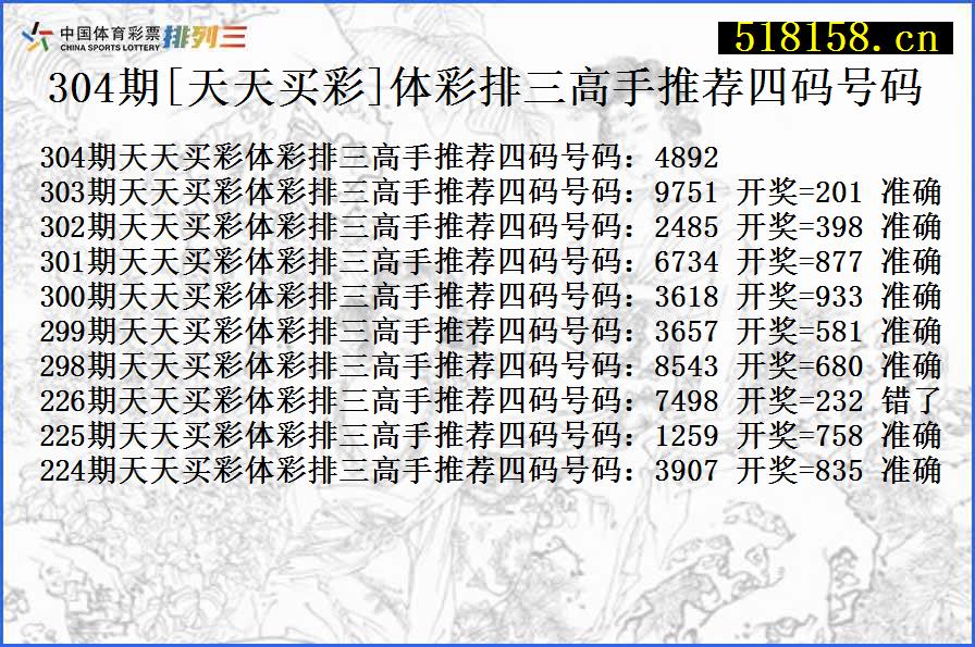 304期[天天买彩]体彩排三高手推荐四码号码