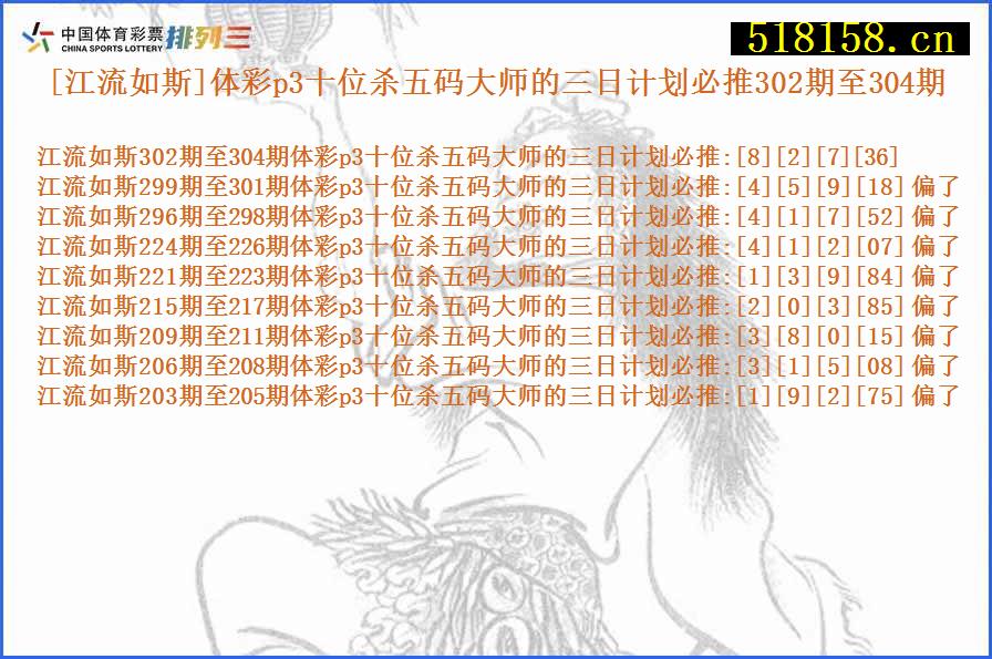 [江流如斯]体彩p3十位杀五码大师的三日计划必推302期至304期