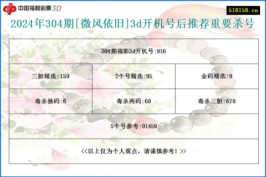 2024年304期[微风依旧]3d开机号后推荐重要杀号