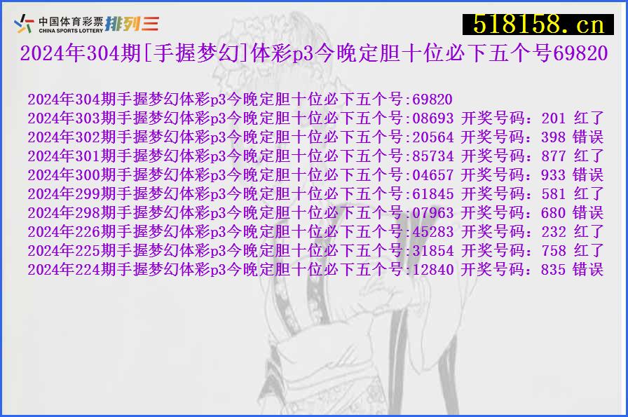 2024年304期[手握梦幻]体彩p3今晚定胆十位必下五个号69820