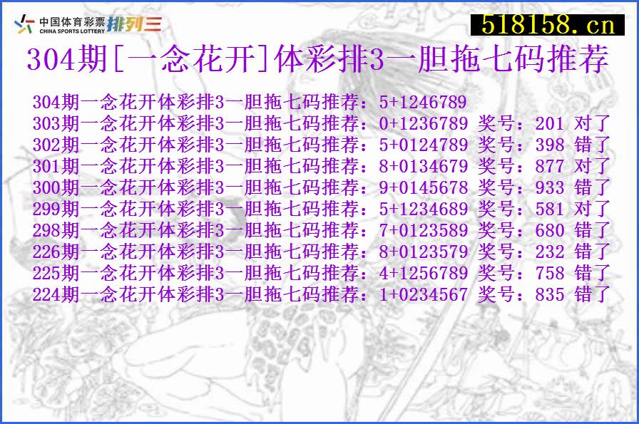 304期[一念花开]体彩排3一胆拖七码推荐