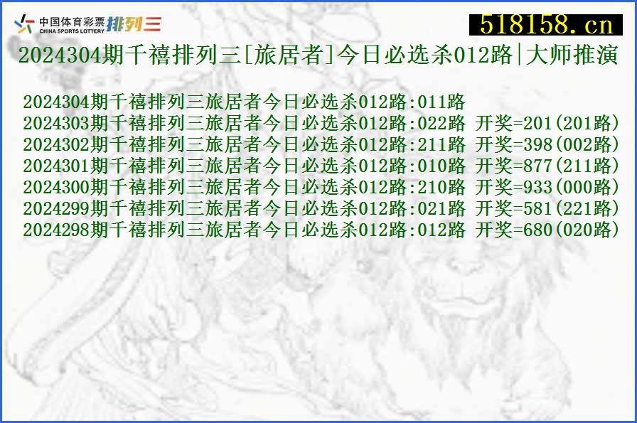 2024304期千禧排列三[旅居者]今日必选杀012路|大师推演