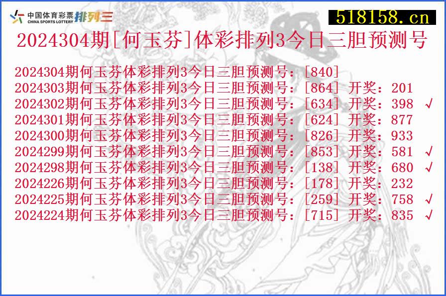 2024304期[何玉芬]体彩排列3今日三胆预测号