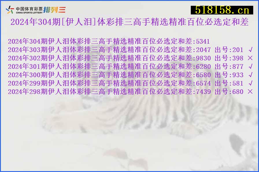 2024年304期[伊人泪]体彩排三高手精选精准百位必选定和差