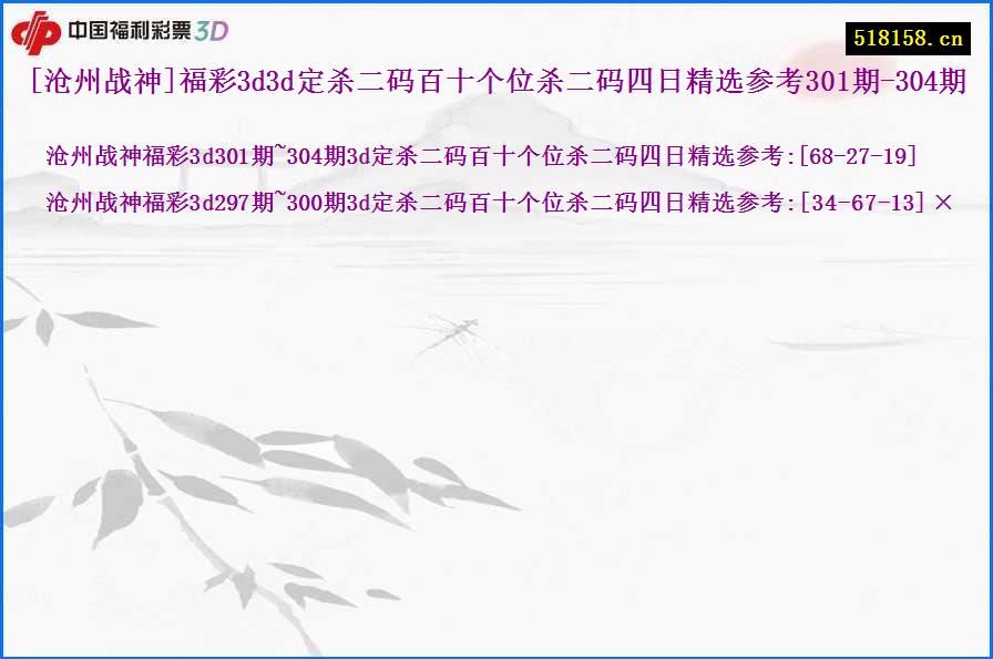 [沧州战神]福彩3d3d定杀二码百十个位杀二码四日精选参考301期-304期