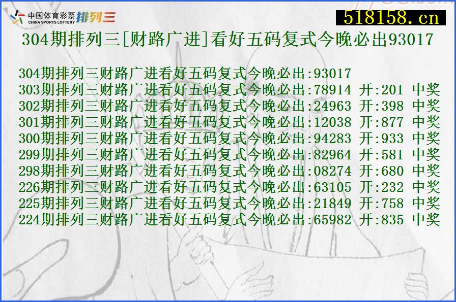 304期排列三[财路广进]看好五码复式今晚必出93017