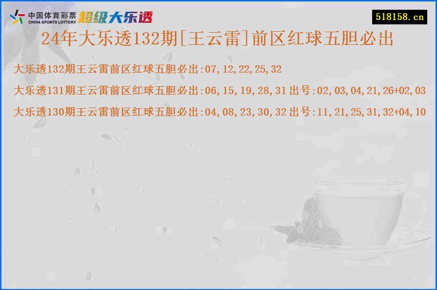 24年大乐透132期[王云雷]前区红球五胆必出