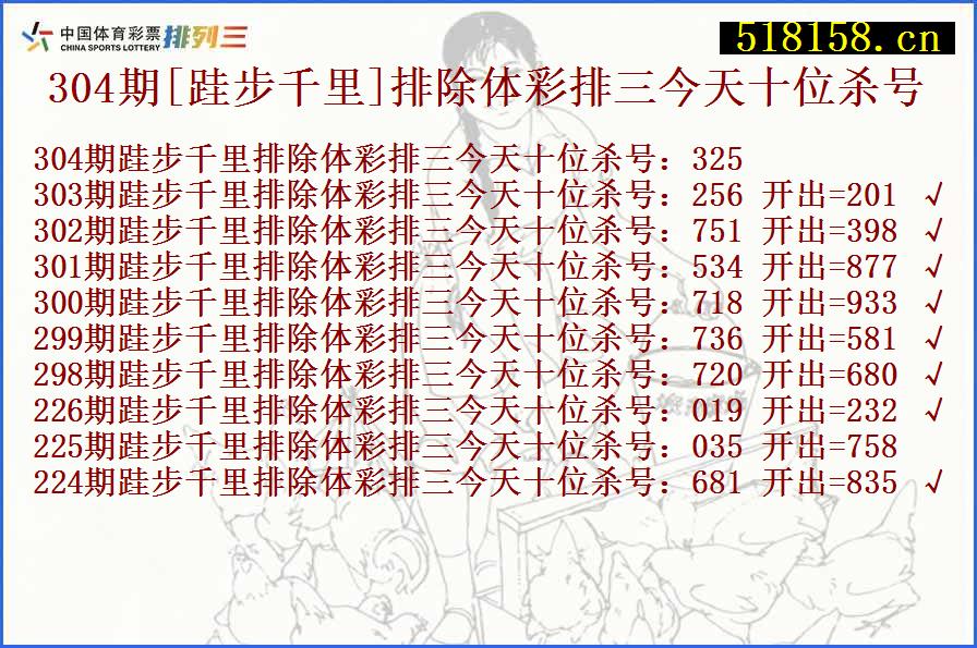 304期[跬步千里]排除体彩排三今天十位杀号