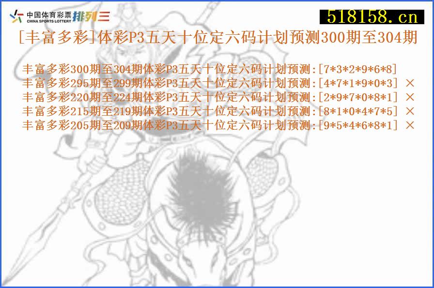 [丰富多彩]体彩P3五天十位定六码计划预测300期至304期