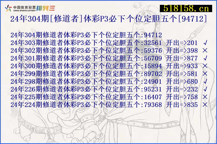 24年304期[修道者]体彩P3必下个位定胆五个[94712]