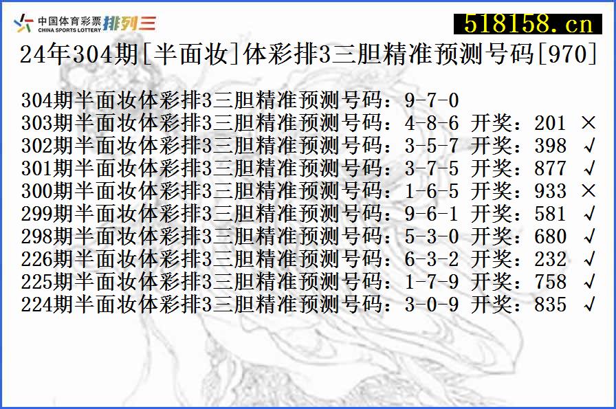 24年304期[半面妆]体彩排3三胆精准预测号码[970]